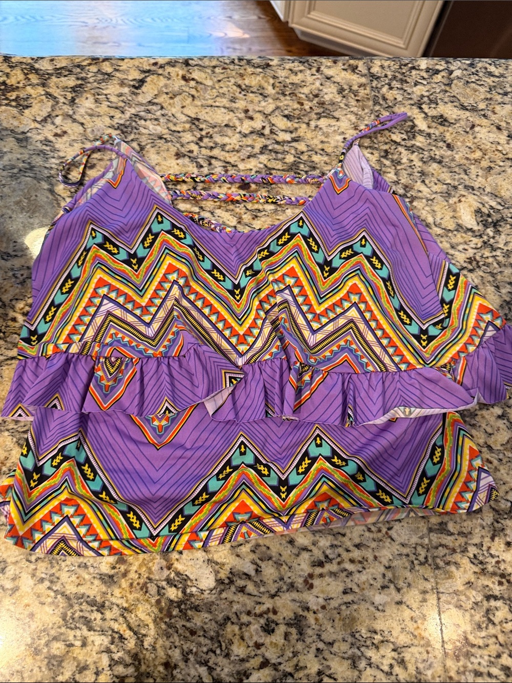 Sleeveless Purple Printed Ruffle Camisole with Adjustable Straps